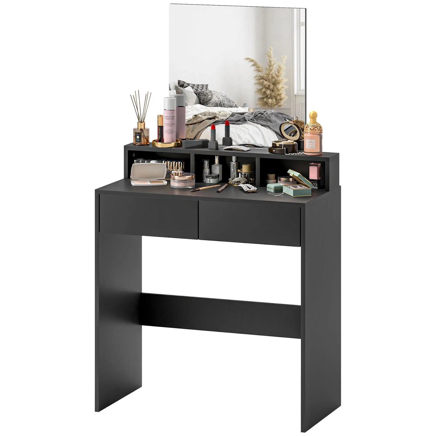 Merotto Black Dressing Table With Mirror And Multi Storage Layout