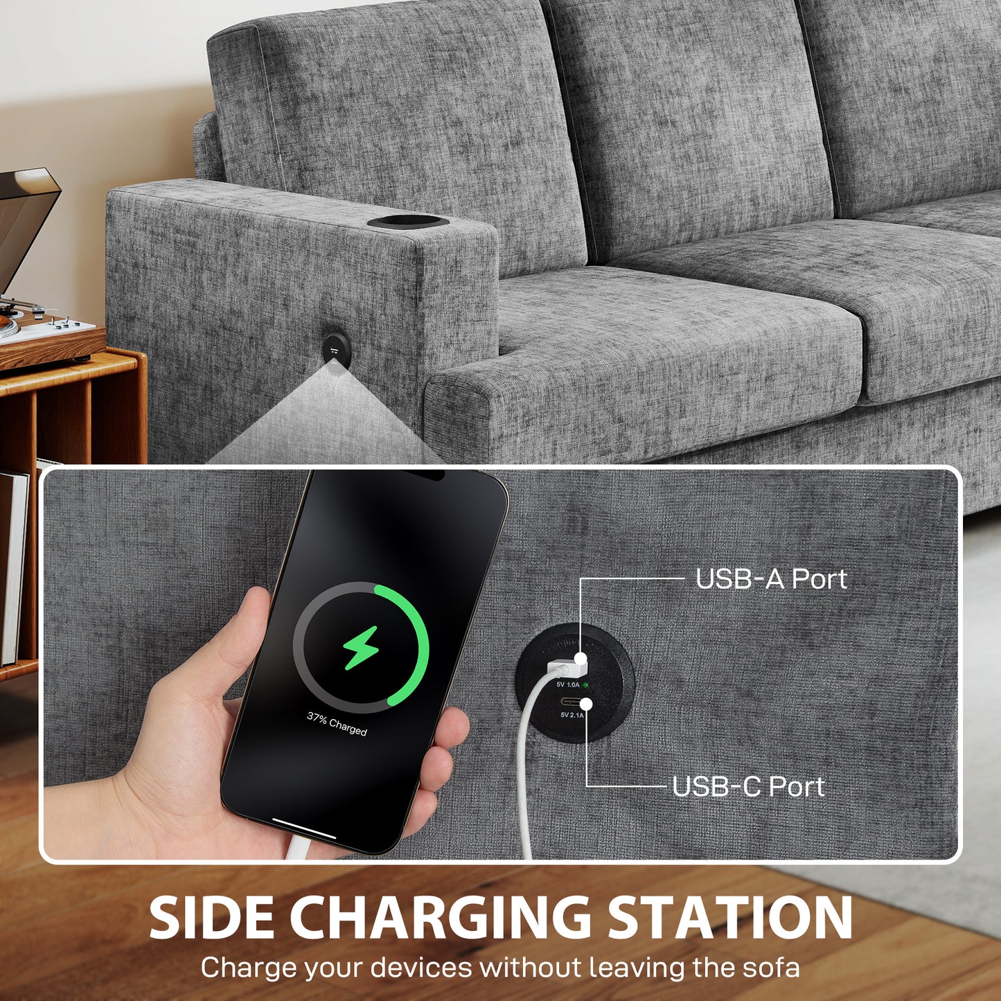 Sefa Grey 3 Seater Sofa With Integrated USB Ports And Cup Holders