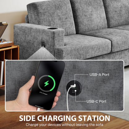 Sefa Grey 3 Seater Sofa With Integrated USB Ports And Cup Holders