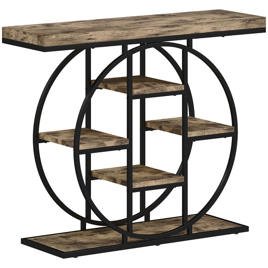 Reyore Metal And Wooden Rustic Brown Industrial Console Table With OFauxn Shelving