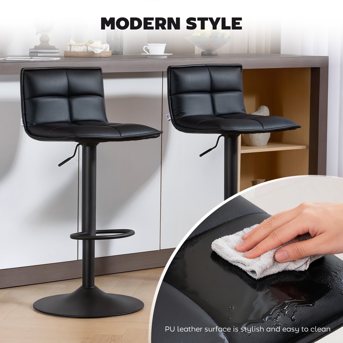 Miha Set Of 2 Black Modern Faux Leather Bar Chairs