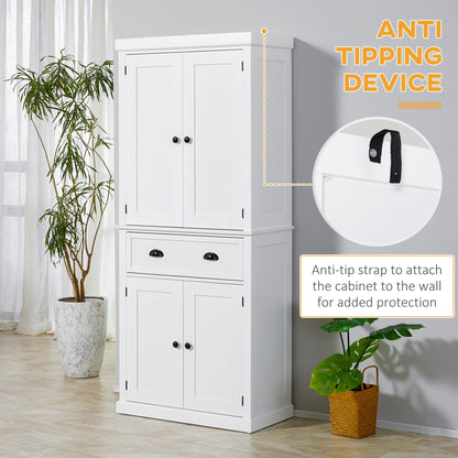 Fayo Wooden White Tall Colonial Style Kitchen Pantry Cabinet 4 Doors And Drawer