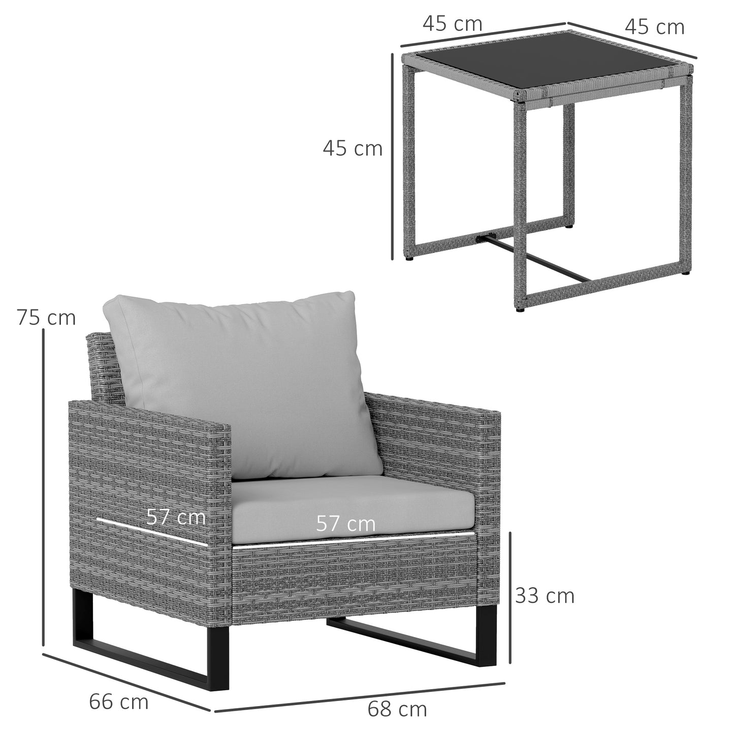 Dobaso Rattan Grey 3 Piece Bistro Set with Glass Coffee Table