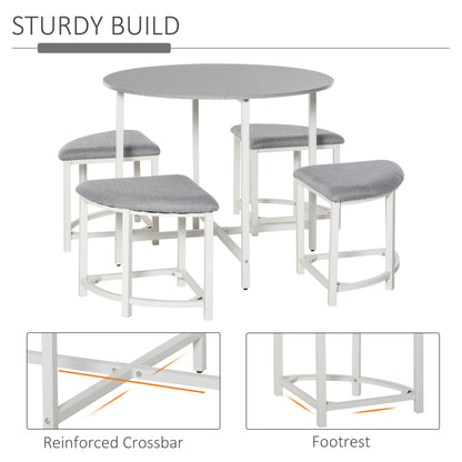 Bavino Metal And Fabric Grey Round Dining Table With 4 Upholstered Stools