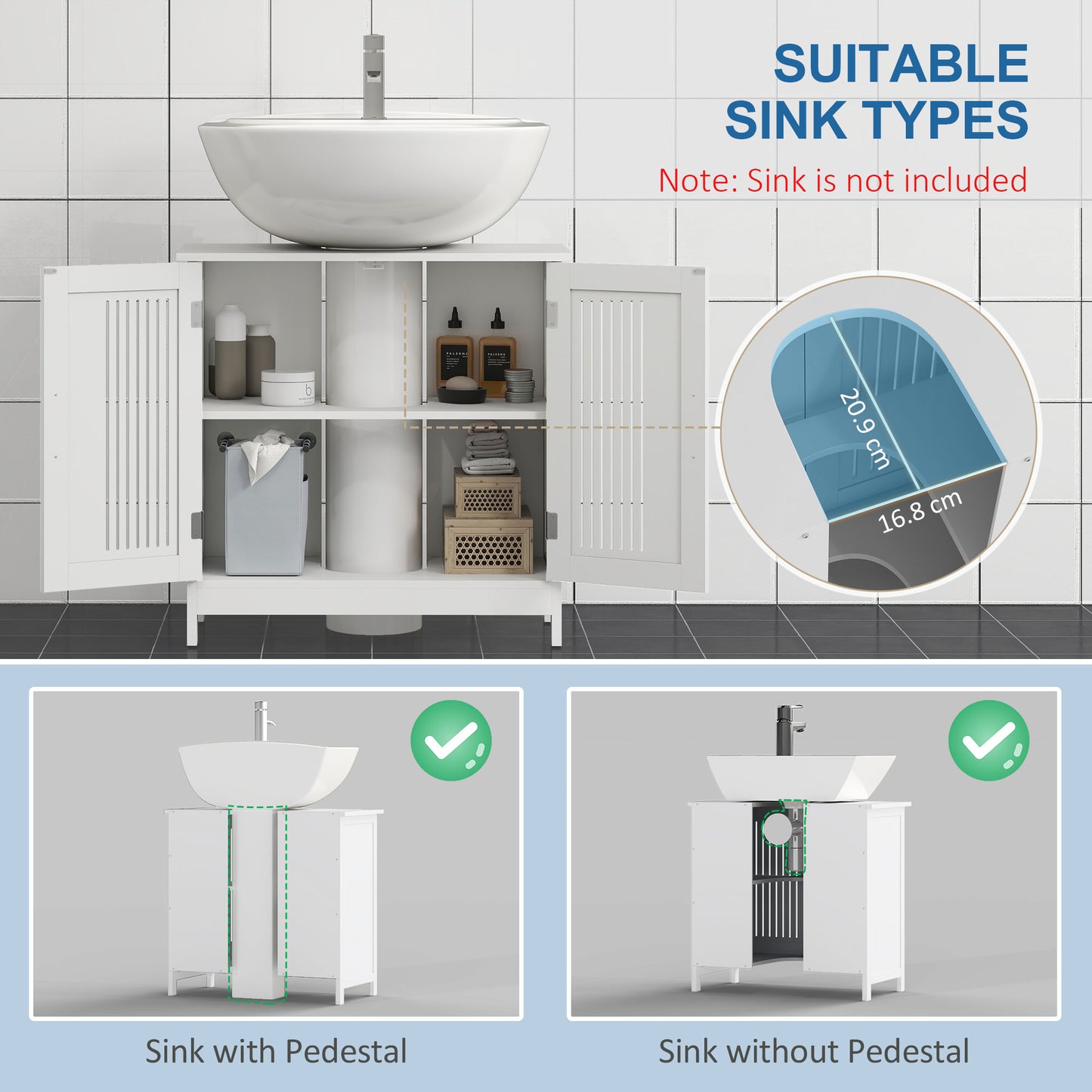 Novaso White Under Sink Vanity Unit With Double Doors And Adjustable Shelving Modern Design