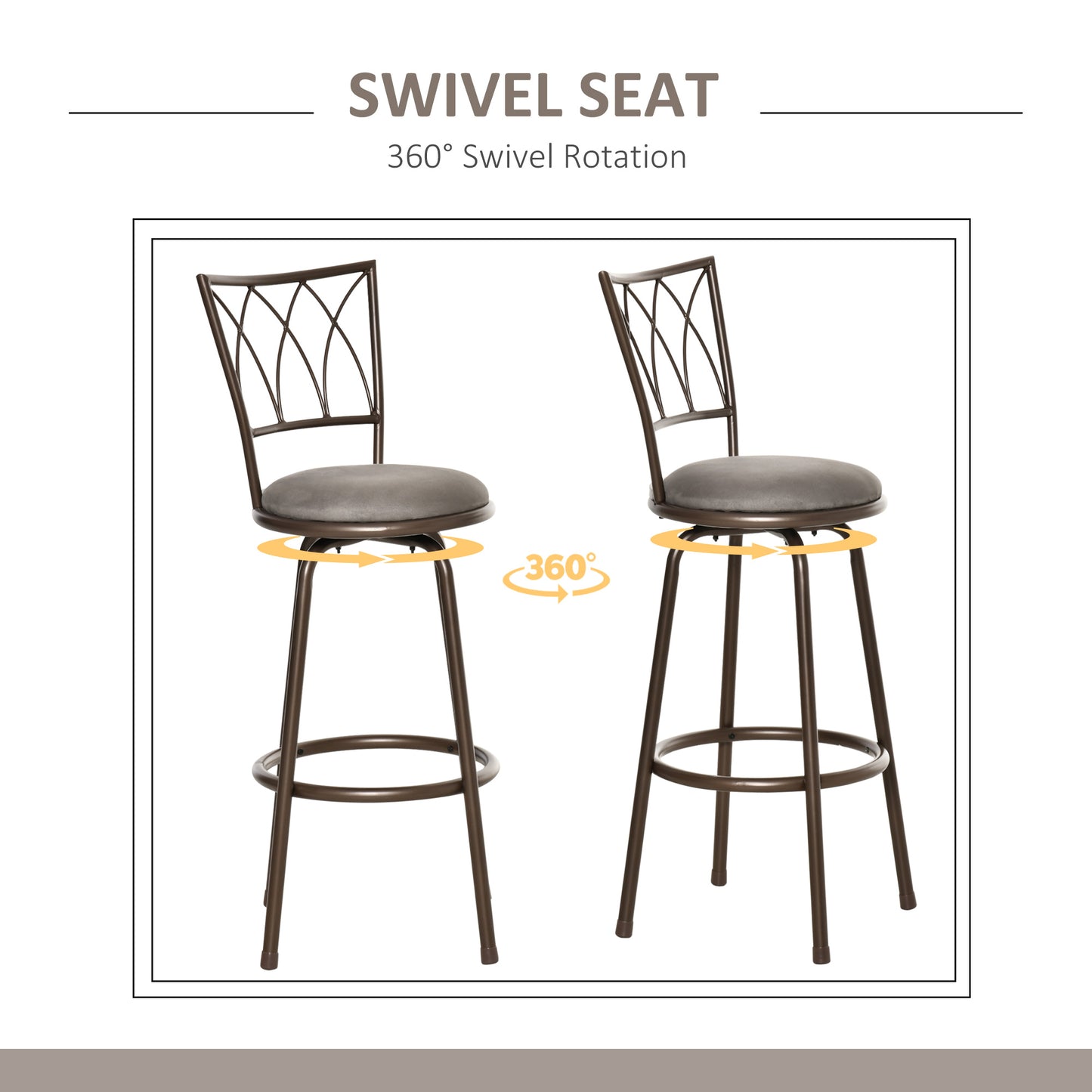 Firazi Set Of 2 Bronze Swivel Bar Chairs With Upholstered Seats And Footrests