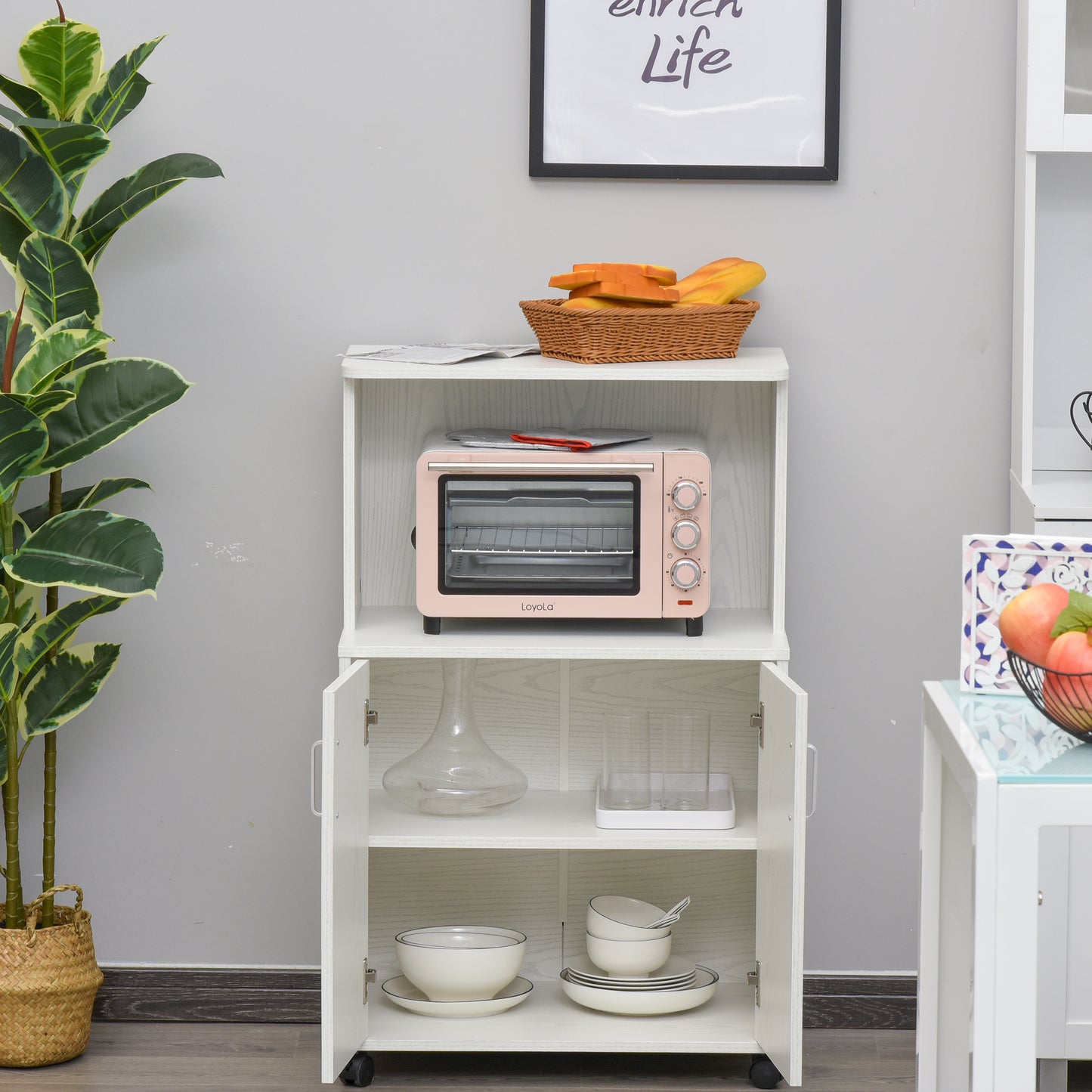 Fari Move Wooden White Microwave Stand Kitchen Trolley With Storage Cabinet And Locking Wheels