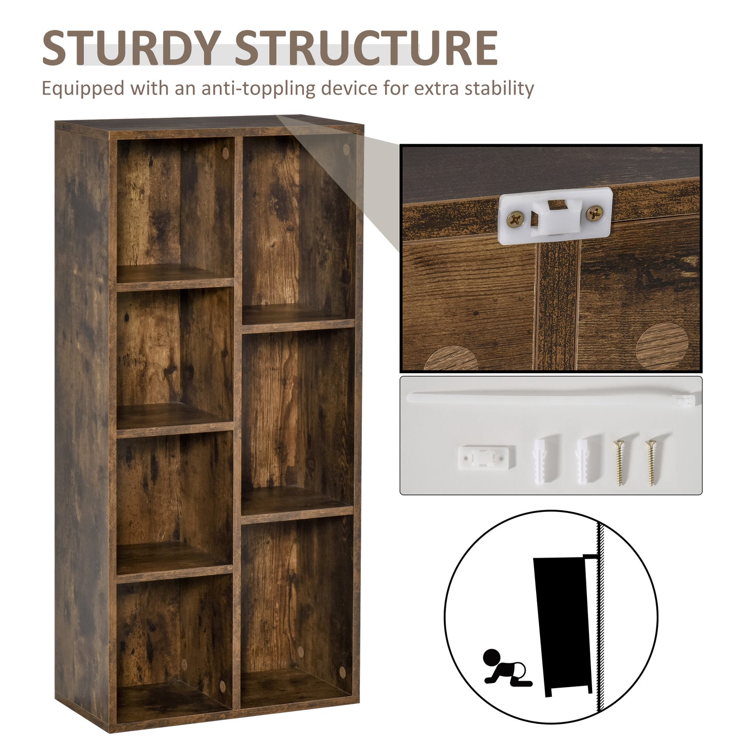 Luno Neka Wood Rustic Brown 7 Cube Storage Bookcase