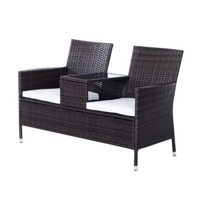 Vimivi Rattan Brown 2 Seater Outdoor Chair Set With Integrated Bistro Table