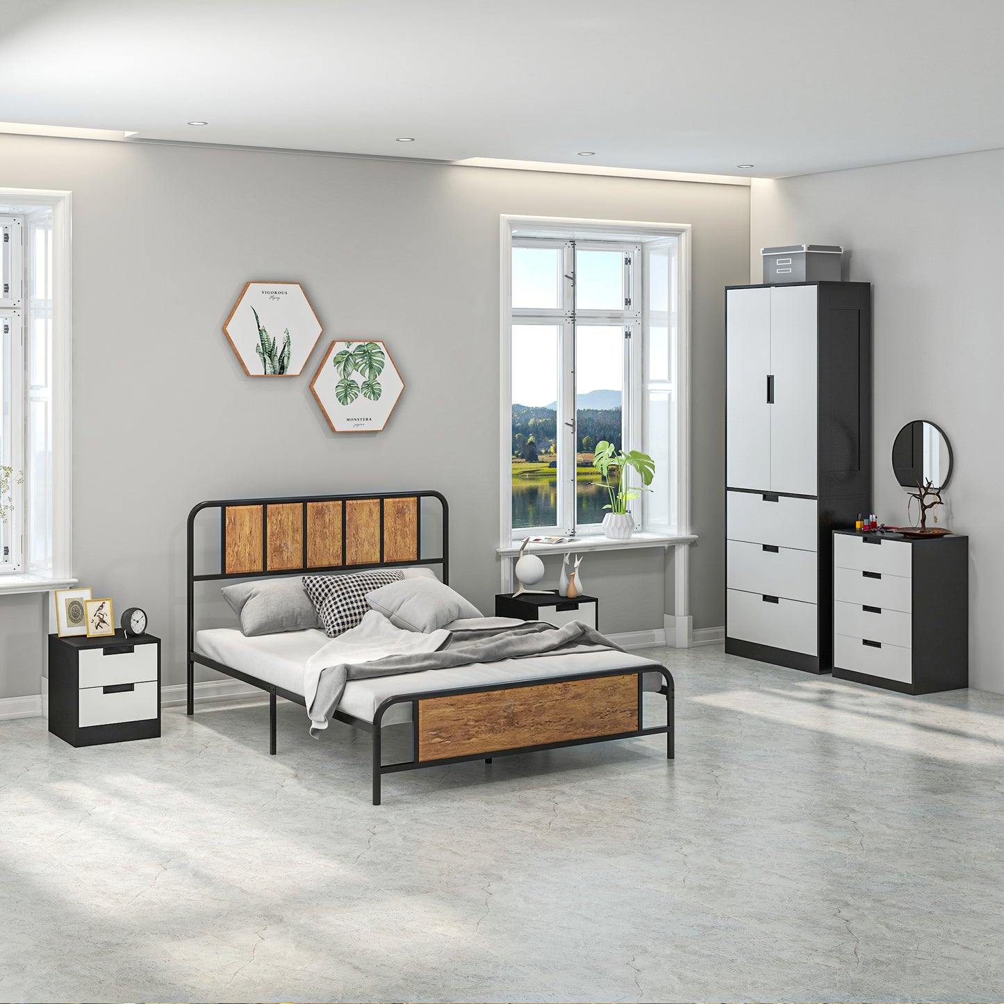 Coraniva White And Black Bedroom Furniture Set With Wardrobe Chest Of Drawers And 2 Bedside Tables