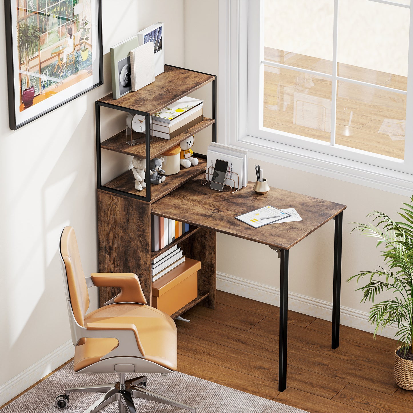 Serana 105cm Wooden Brown Folding Work Table With Integrated Shelving