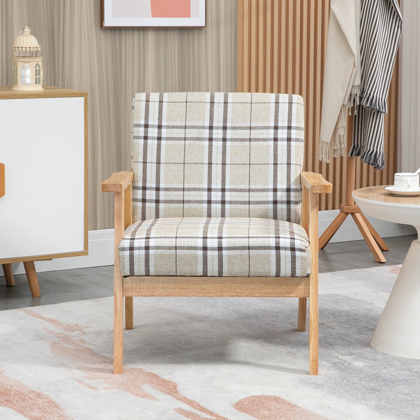 Sove Linen Beige Tartan Pattern Single Armchair With Wooden Frame