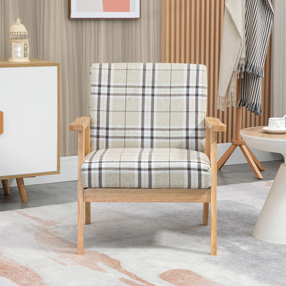 Sove Linen Beige Tartan Pattern Single Armchair With Wooden Frame