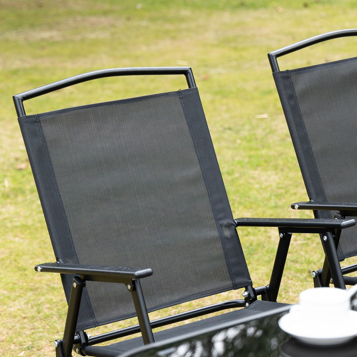 Rera 6 Seater Black Metal and Mesh Garden Dining Set with Chairs Table and Parasol