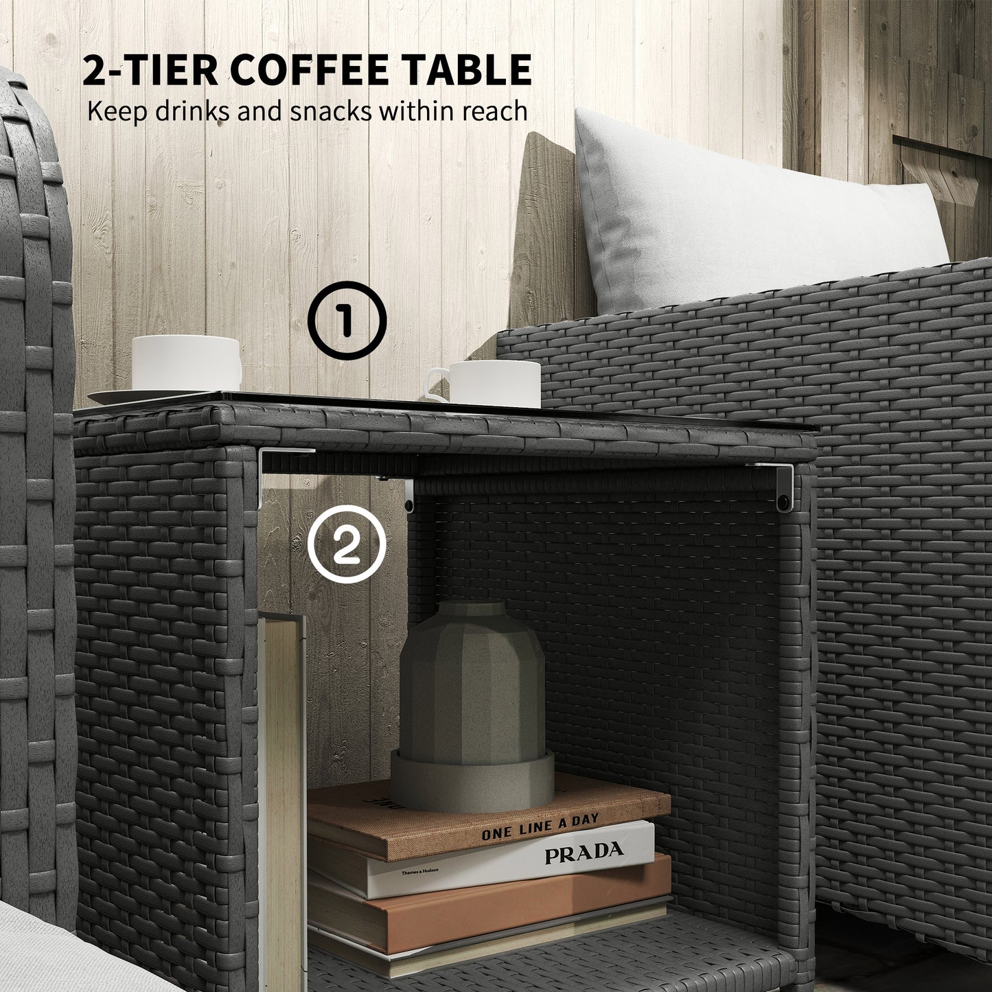 Rora Rattan Grey 5 Piece Garden Bistro Set With 2 Tier Coffee Table And Footstools