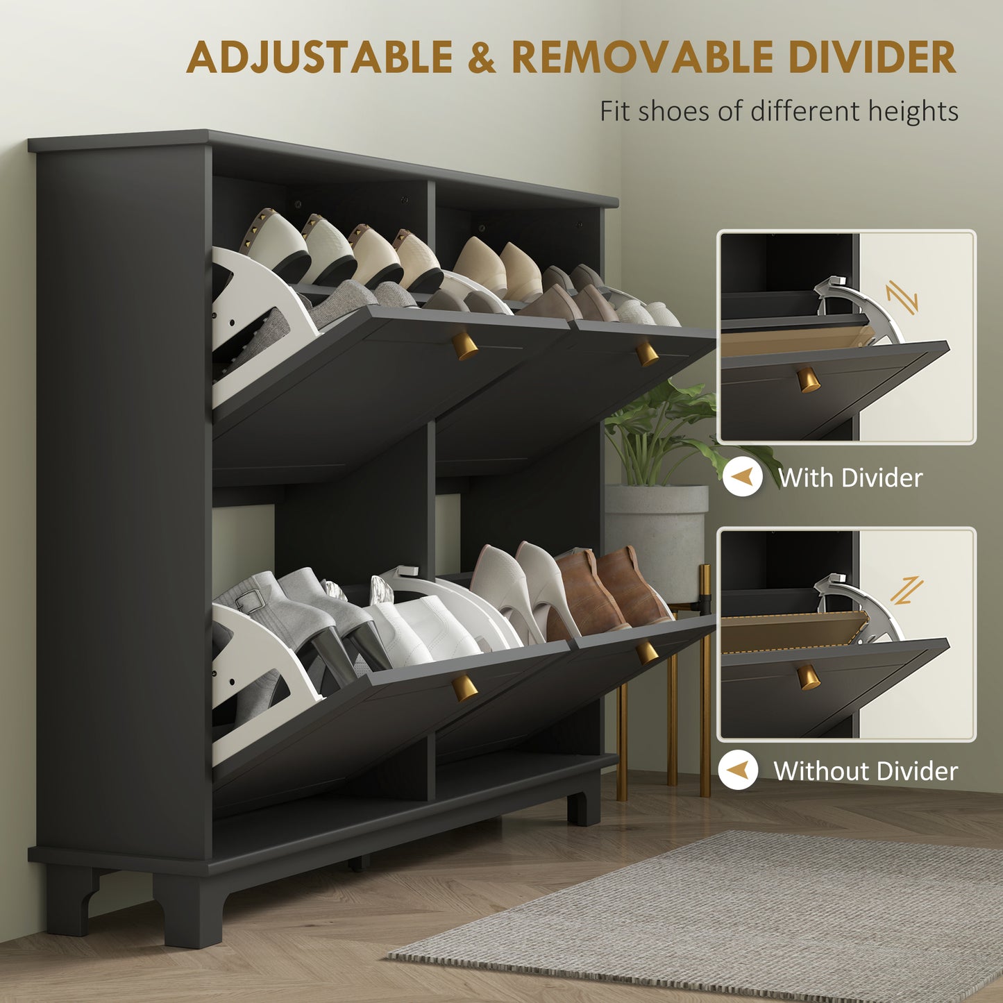 Serodo Wooden Black Slim Shoe Cupboard With 4 Flip Drawer For 16 Pairs
