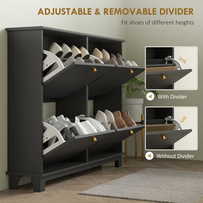Serodo Wooden Black Slim Shoe Cupboard With 4 Flip Drawer For 16 Pairs