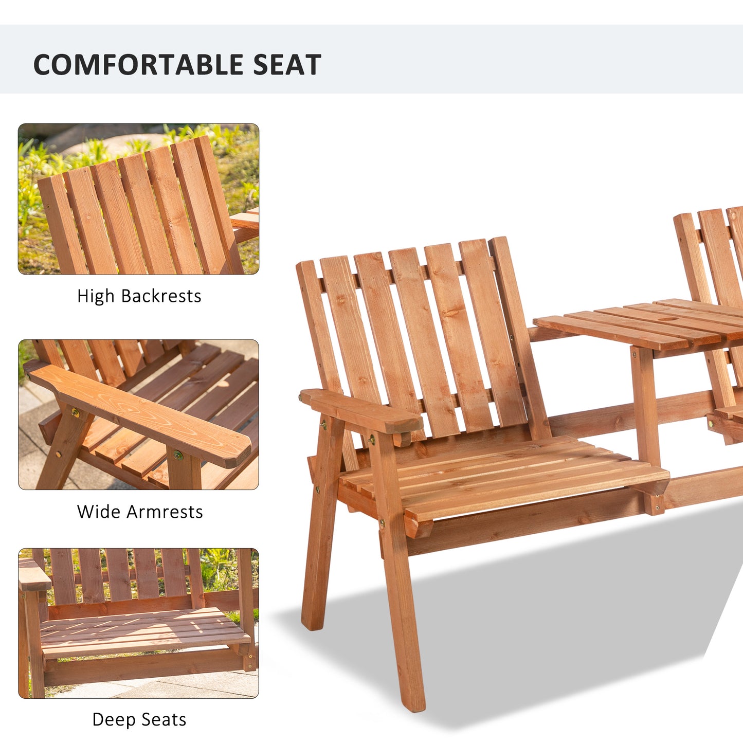 Hasa Fir Wood Natural 2 Seater Garden Bench With Integrated Centre Table