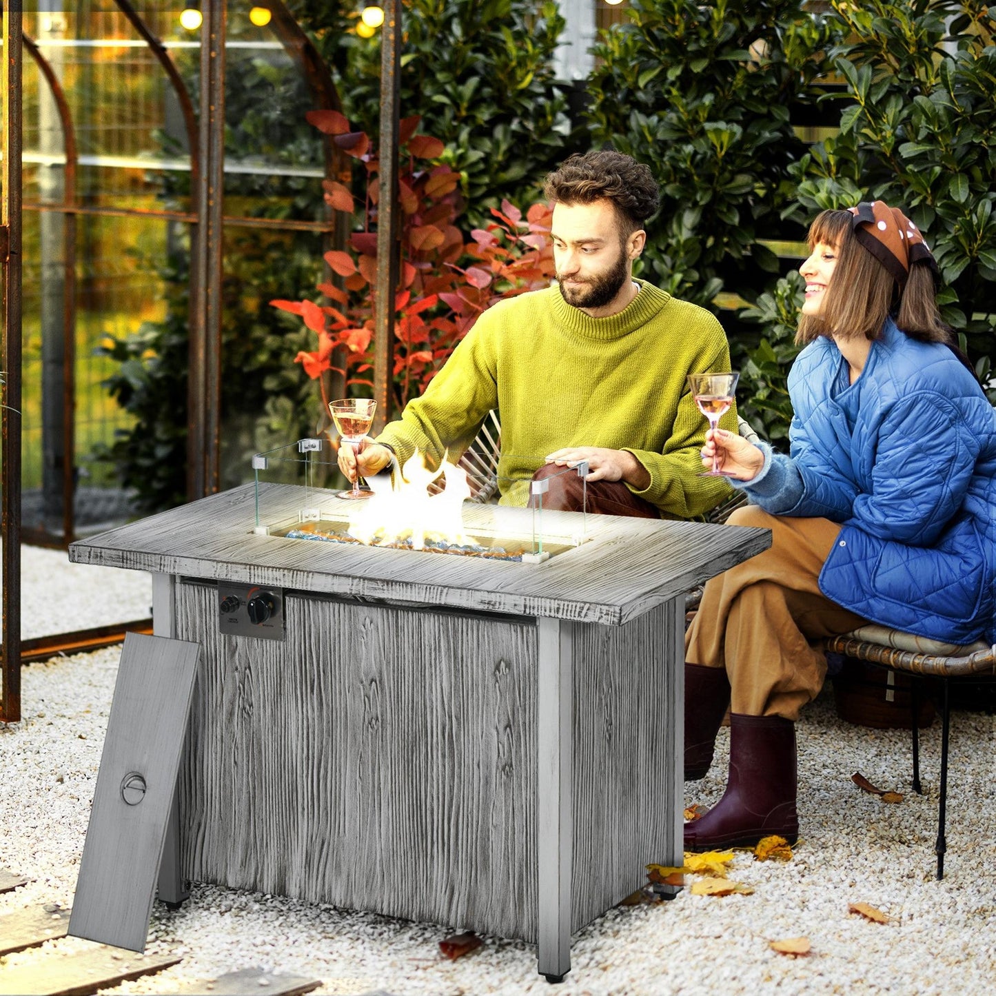 Zisefasu Steel Grey Wood Effect Gas Fire Pit Table with Cover And Glass Screen