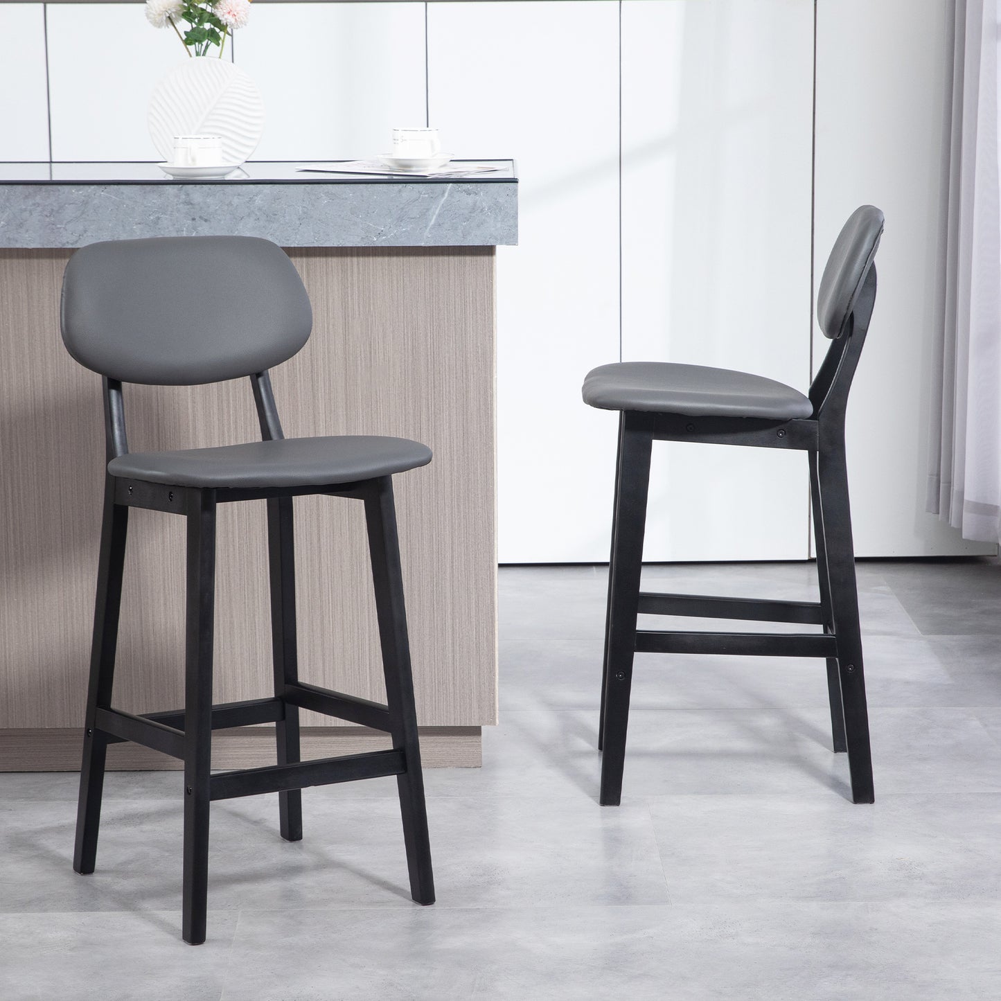 Lavidiel Faux Leather Dark Grey Bar Stools Set Of 2 With Back Support And Wood Legs
