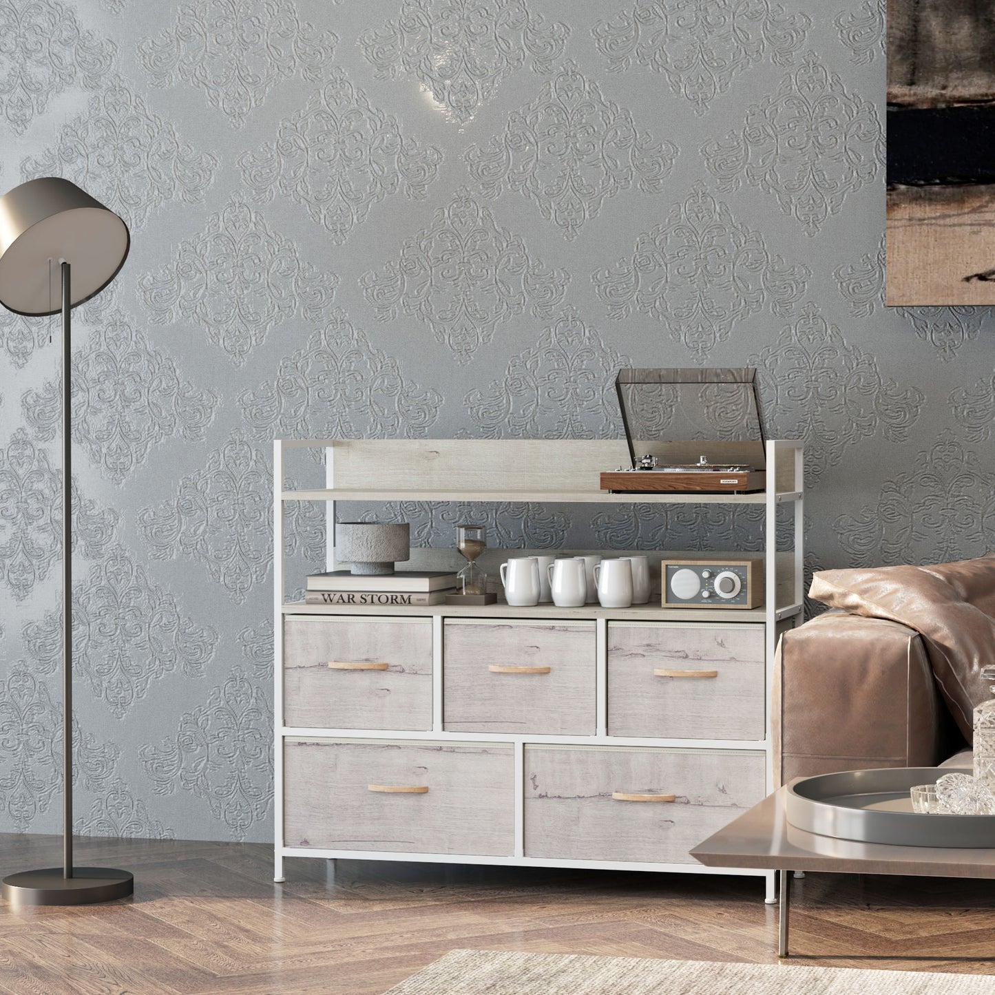 Nakatte White Metal and Grey Fabric 5 Drawer Storage Chest