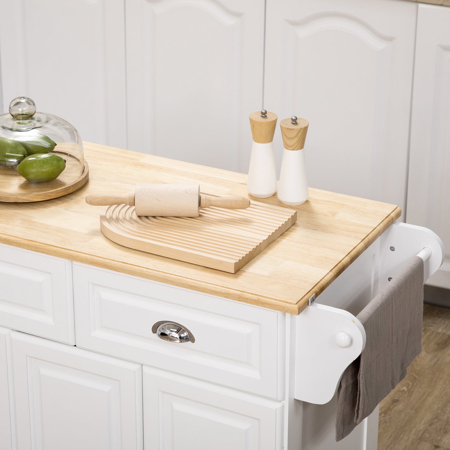 Nirael Wooden White Rolling Kitchen Island With Rubberwood Top Drawer And Storage