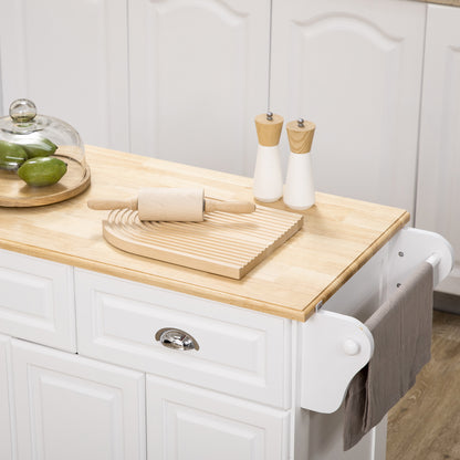 Nirael Wooden White Rolling Kitchen Island With Rubberwood Top Drawer And Storage