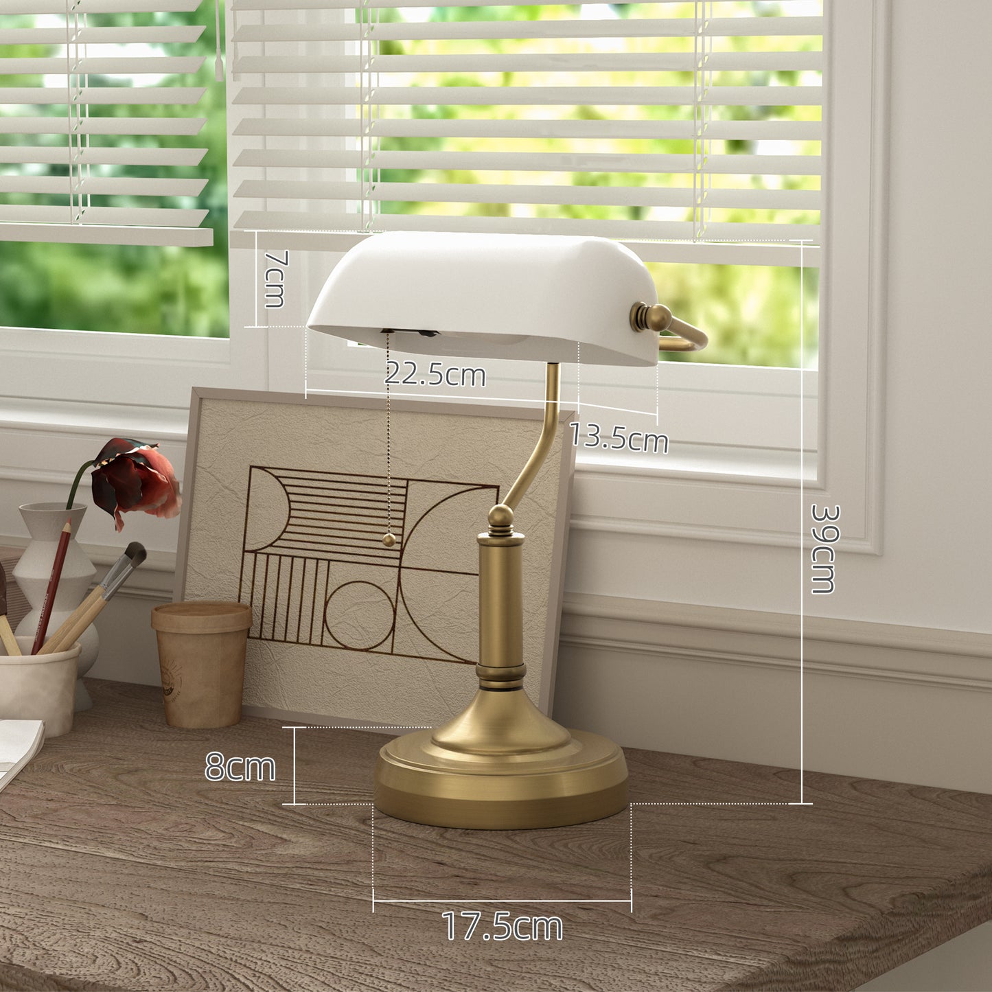 Yori Metal And Glass White Bankers Desk Lamp With Antique Bronze Tone Base