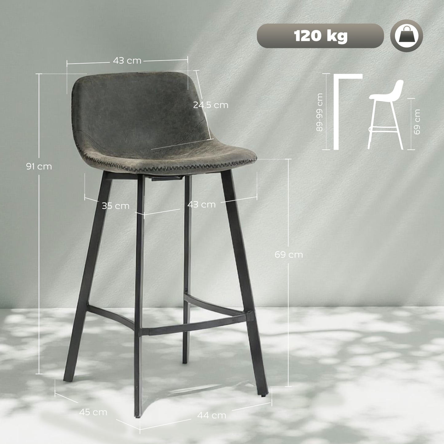 Nora Set Of 2 Grey Faux Leather Dining Bar Stools With Back And Foot Support