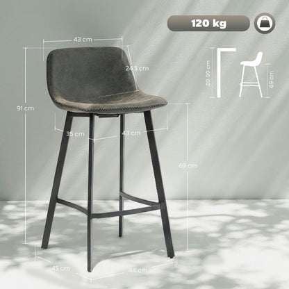 Nora Set Of 2 Grey Faux Leather Dining Bar Stools With Back And Foot Support