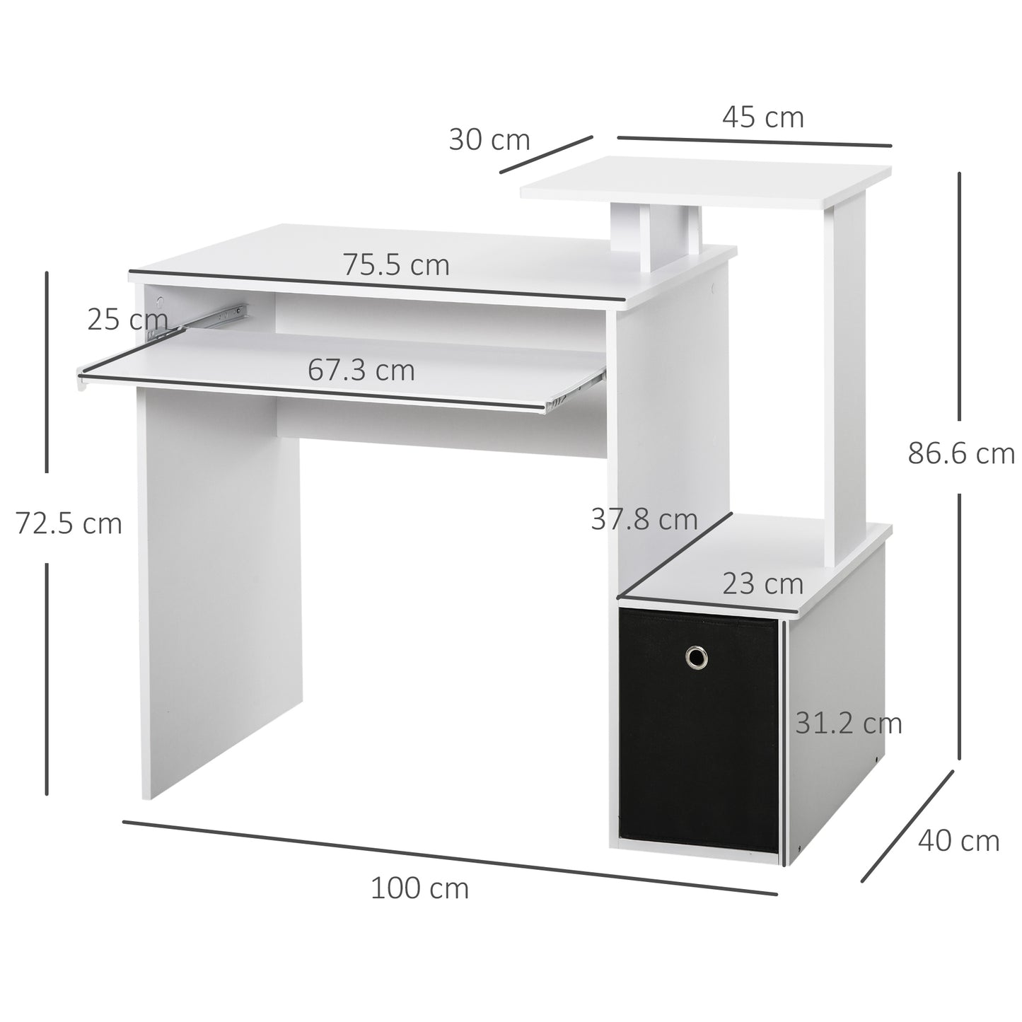 Tono 100cm Wooden White Home Office Desk With Sliding Keyboard Tray Drawer And Shelving