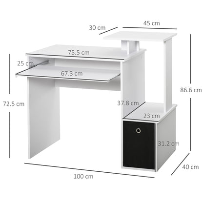 Tono 100cm Wooden White Home Office Desk With Sliding Keyboard Tray Drawer And Shelving
