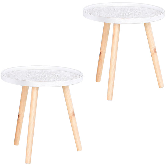 Coma Paba Wood White Set Of 2 Round Coffee Tables With Carved Tray Tops And Solid Legs