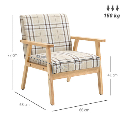 Sove Linen Beige Tartan Pattern Single Armchair With Wooden Frame