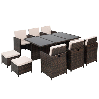 Mafa Rattan Brown 10 Seater Cube Outdoor Dining Set With Cushions And Rectangular Glass Table