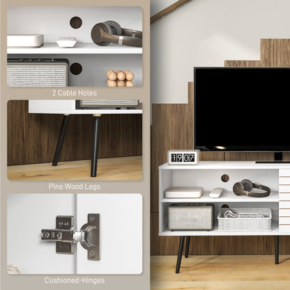 Lare 145cm Wooden White TV Unit With Stripe Doors Open Shelves And Wooden Legs