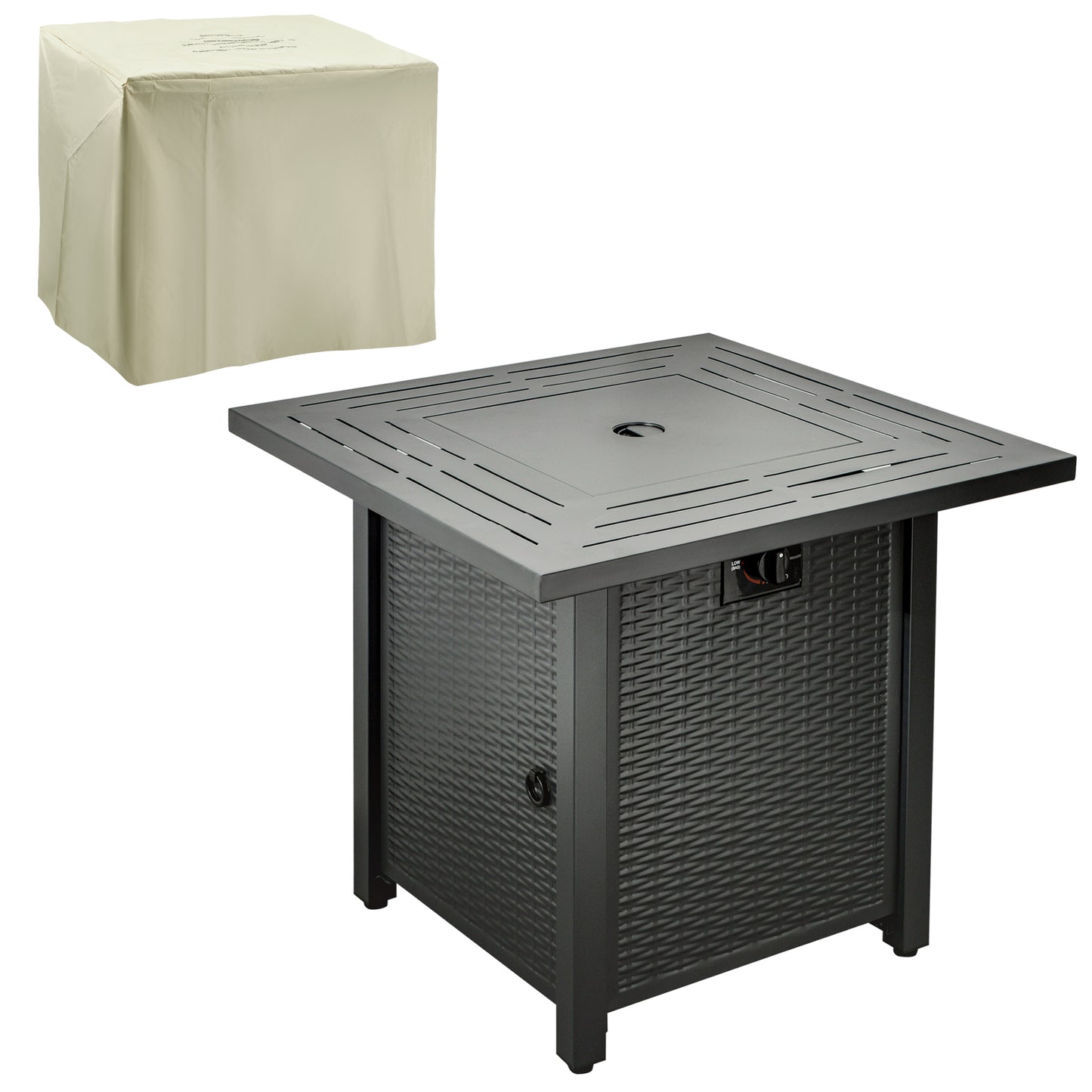Ellulo Rattan Black Square Propane Gas Fire Pit Table with Cover Glass Beads And Lid