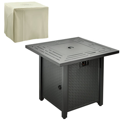 Ellulo Rattan Black Square Propane Gas Fire Pit Table with Cover Glass Beads And Lid