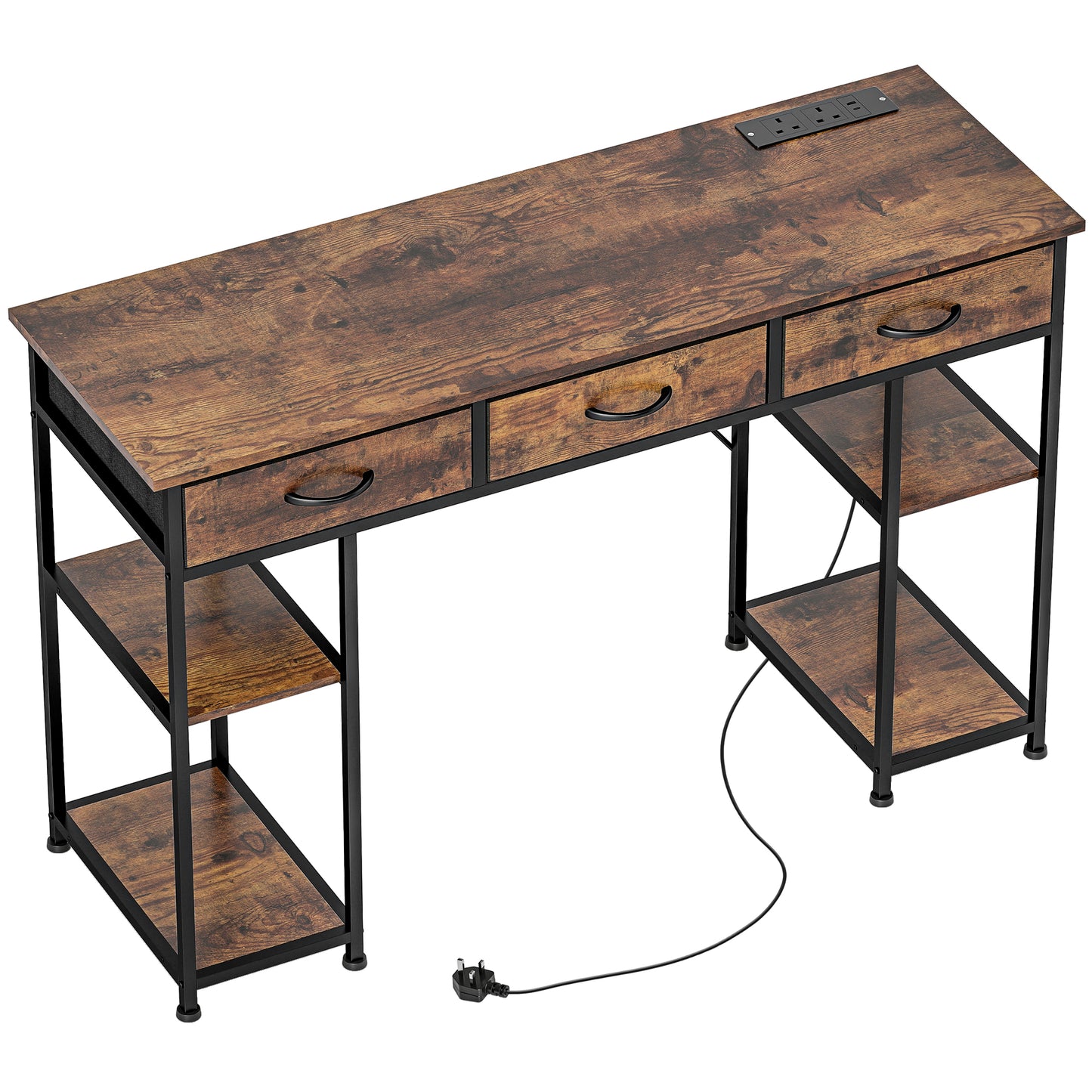 Hariva 120cm Wooden Rustic Brown Home Office Desk With Power Sockets 3 Fabric Drawers And 4 Storage Shelves