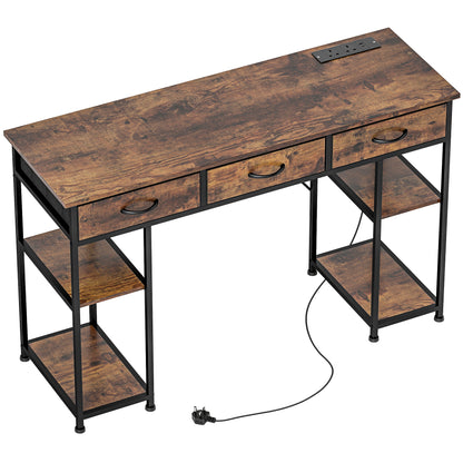Hariva 120cm Wooden Rustic Brown Home Office Desk With Power Sockets 3 Fabric Drawers And 4 Storage Shelves