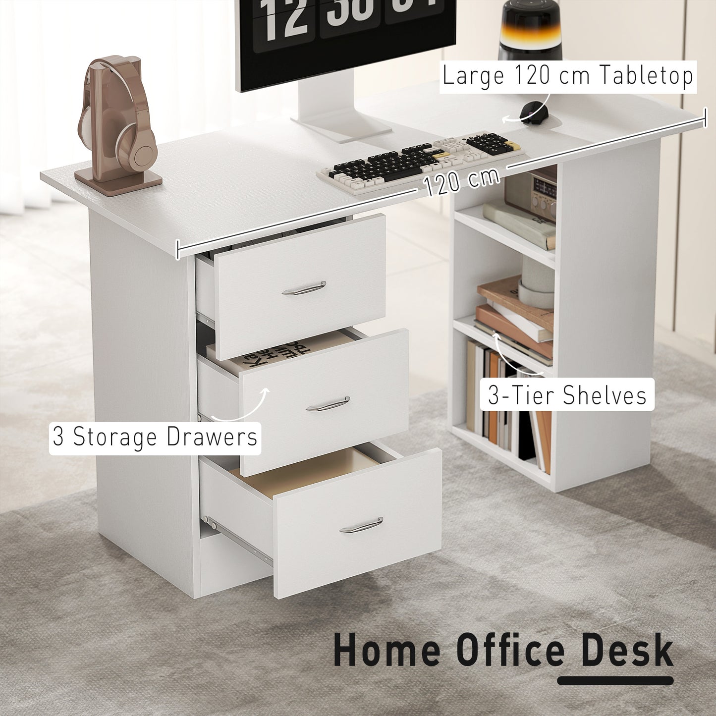 Kamore 120cm Wooden White Study Desk With 3 Side Shelves And 3 Drawers