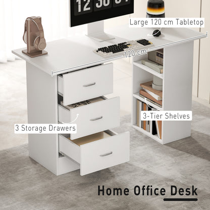 Kamore 120cm Wooden White Study Desk With 3 Side Shelves And 3 Drawers