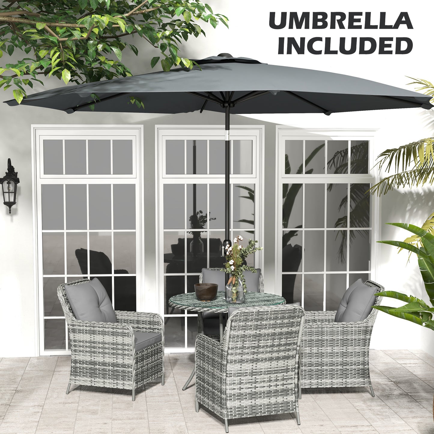 Rolana Nivi 4 Seater Rattan Grey Outdoor Dining Set With Parasol And Cushions