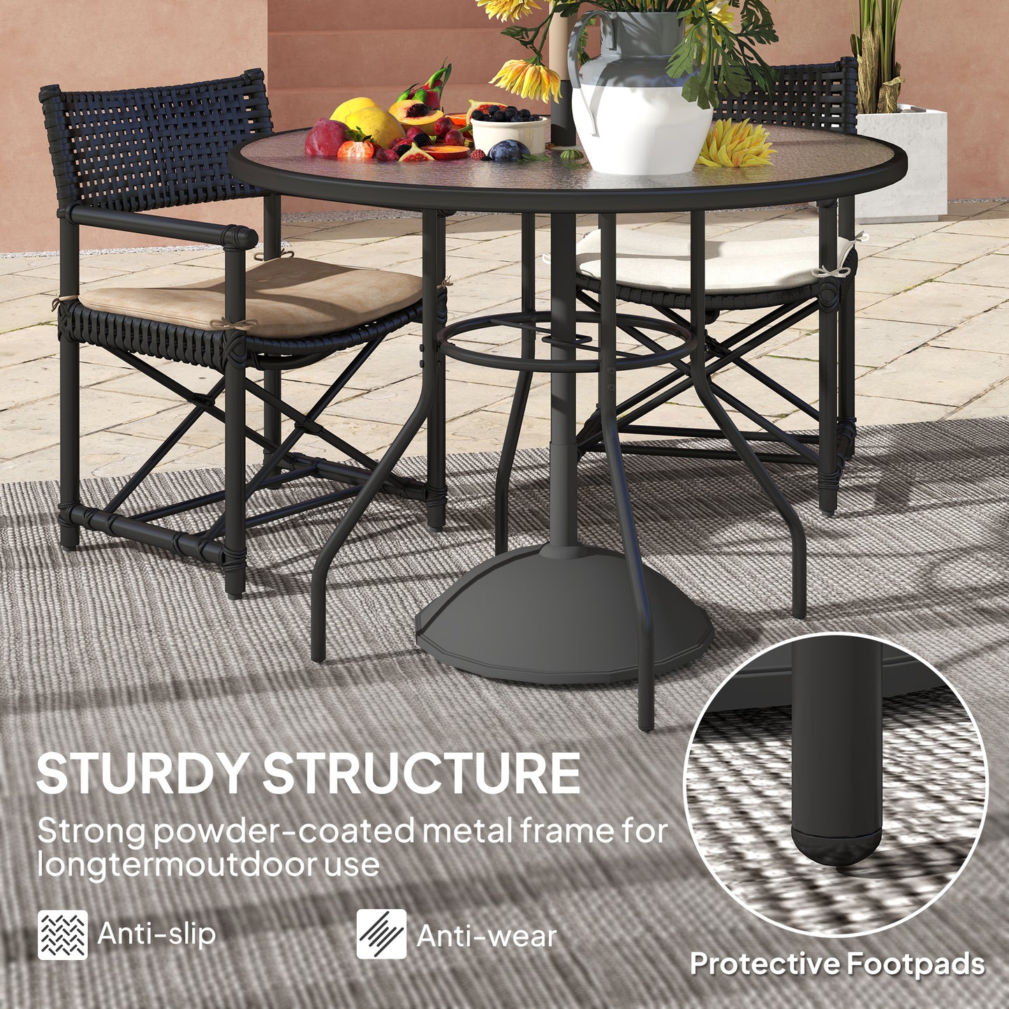 Rekapa Metal Black Glass Top Outdoor Table With Central Parasol Hole