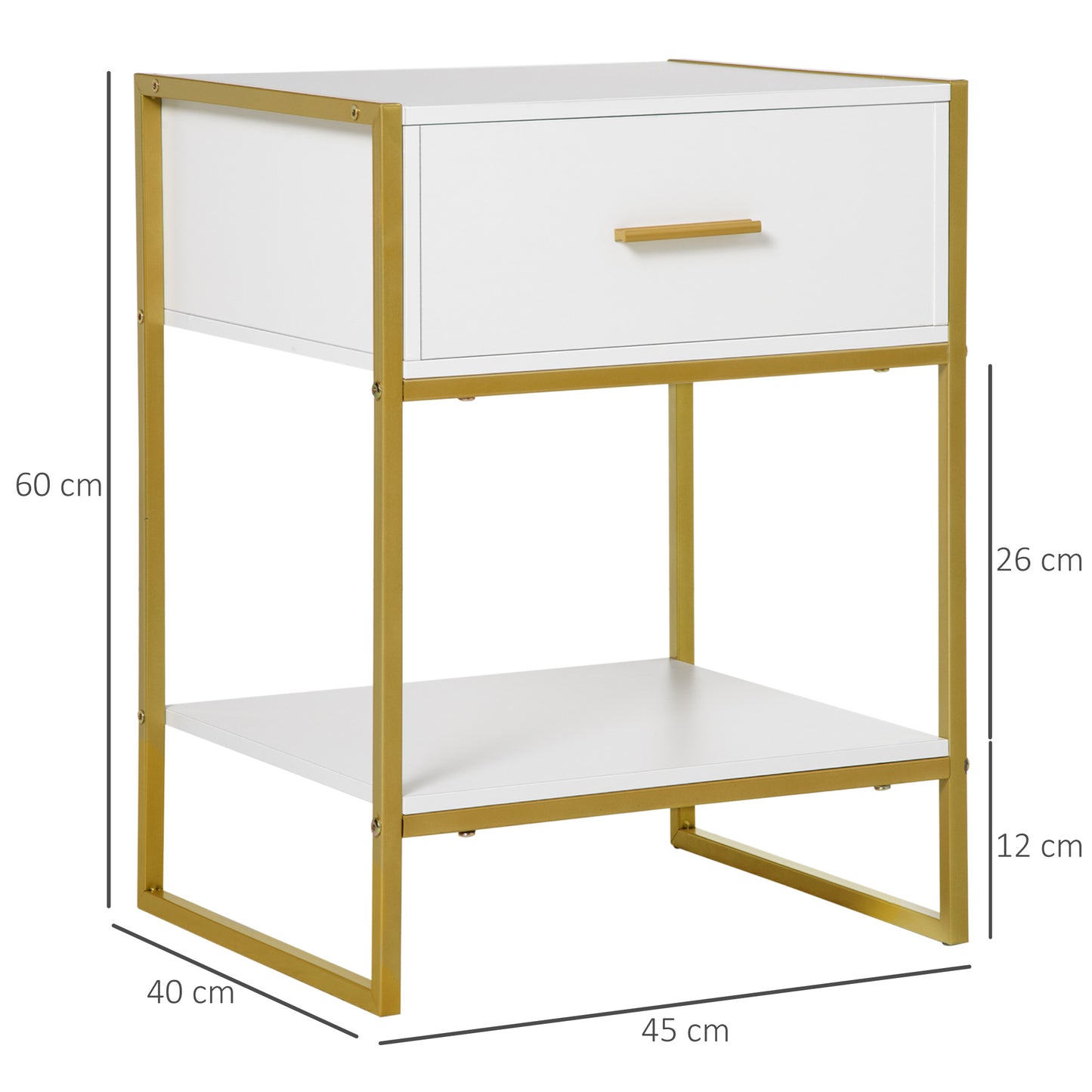 Safifi White Modern Bedside Table 1 Drawer 1 Shelf With Gold Accents