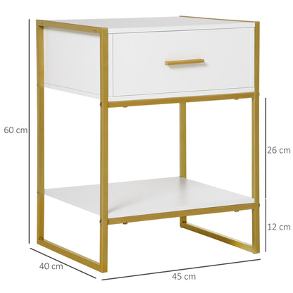 Safifi White Modern Bedside Table 1 Drawer 1 Shelf With Gold Accents