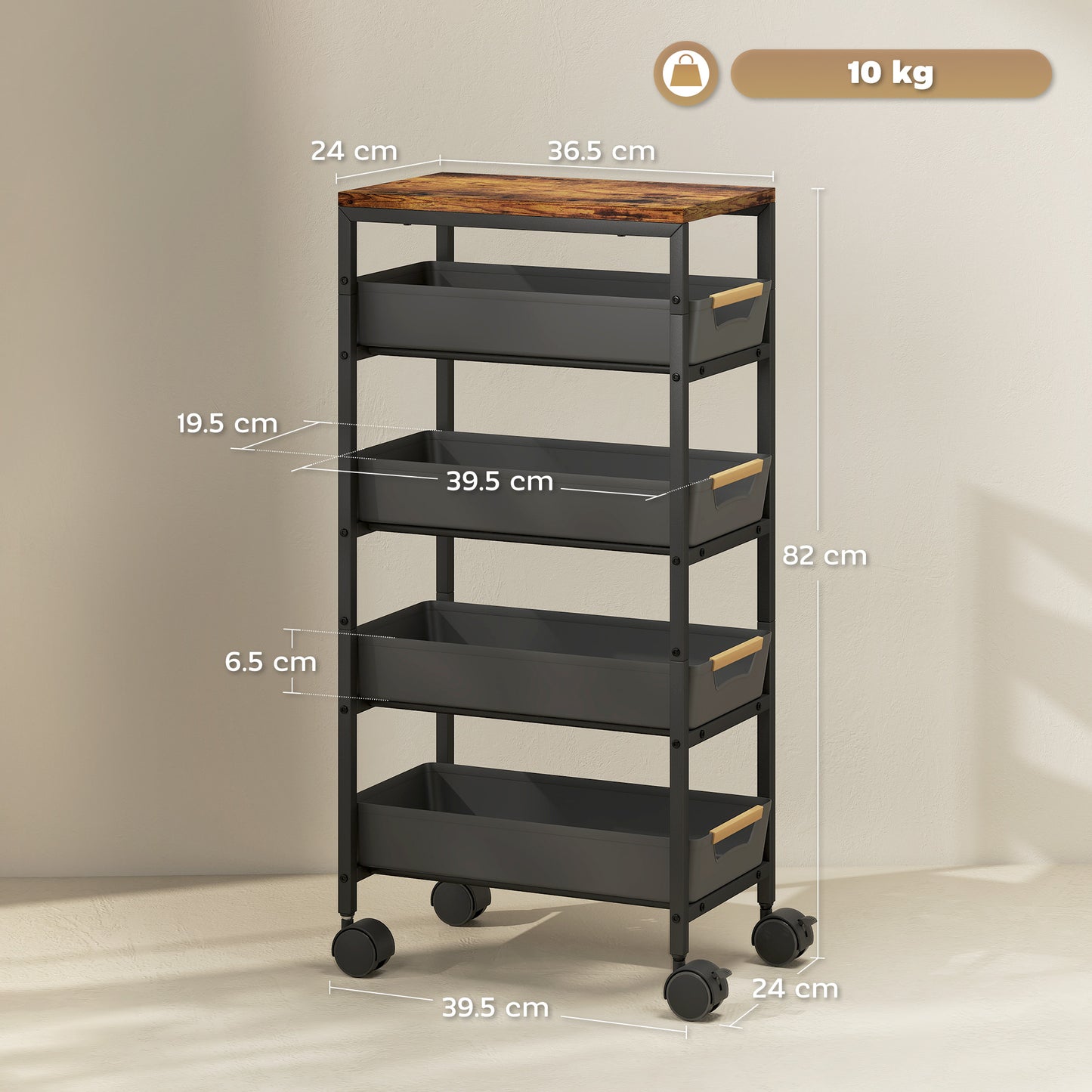 Coli Metal Black 5 Tier Storage Trolley On Wheels