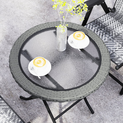 Doco 68cm Rattan Grey Folding Round Outdoor Coffee Table With Ripple Effect Glass Top
