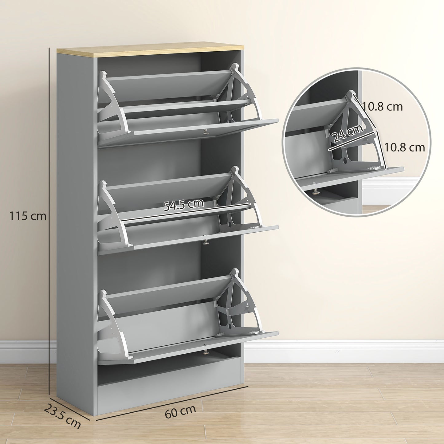 Sari Wooden Grey Compact 3 Drawer Shoe Cabinet