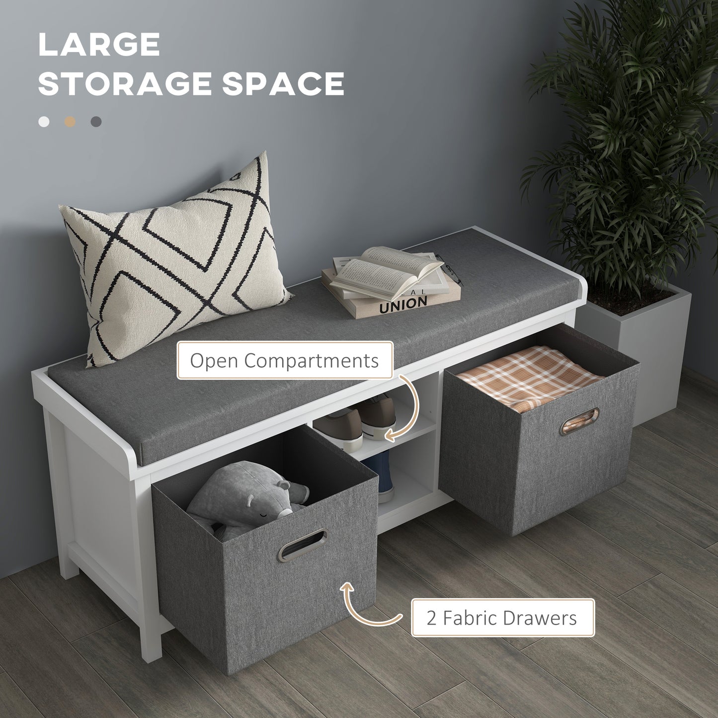 Keso Wooden White And Grey Shoe Storage Bench With Cushioned Seat